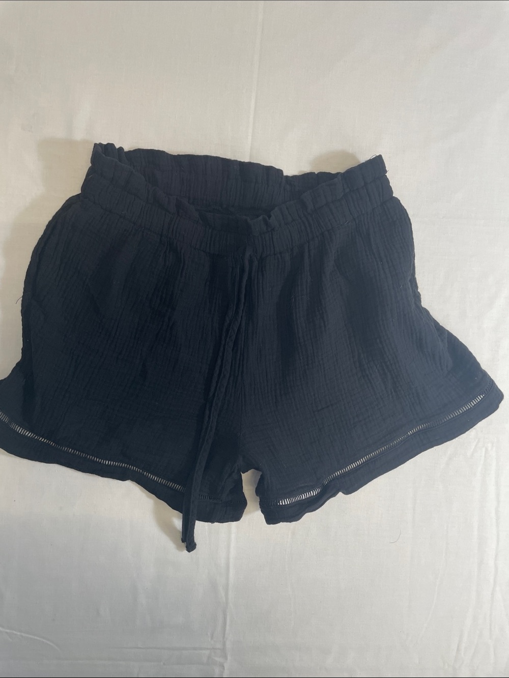100% cotton double-layer crinkle gauze elastic tie waist cut out short L